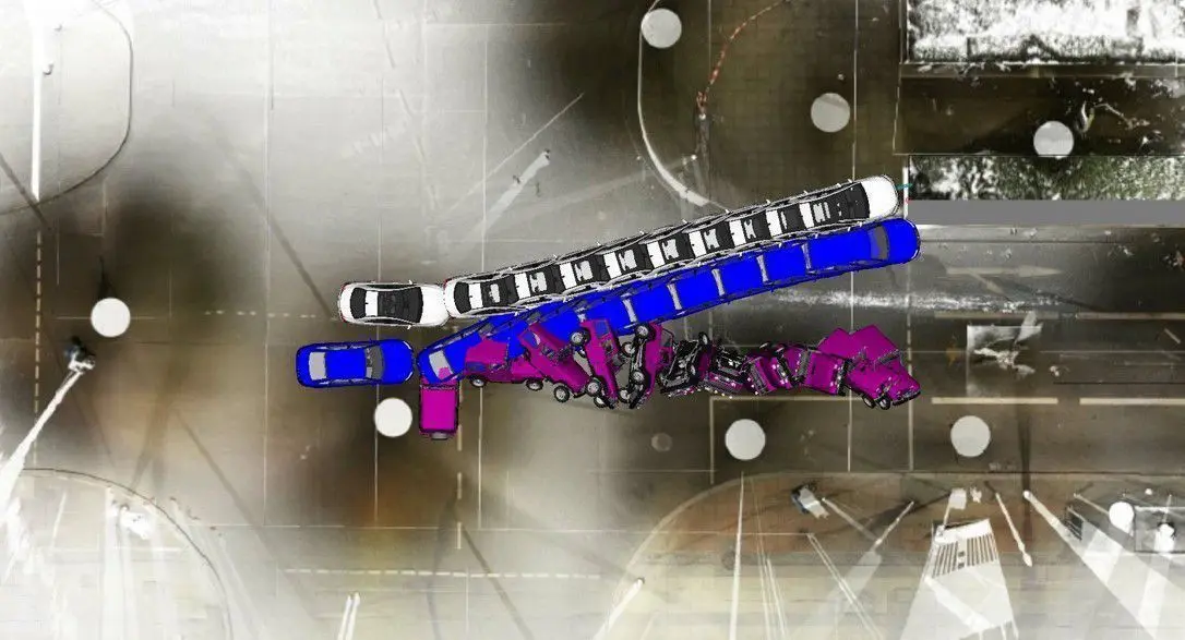 Rekonstruktion des Ku’damm-Raser-Falls: Gutachter erstellten eine detaillierte Animation, die wichtige Daten über die letzten Sekunden vor dem Aufprall lieferte. Das Bild ist ebenfalls in der Ausstellung „Wahnsinn – Illegale Autorennen“ im Berliner Technikmuseum zu sehen.