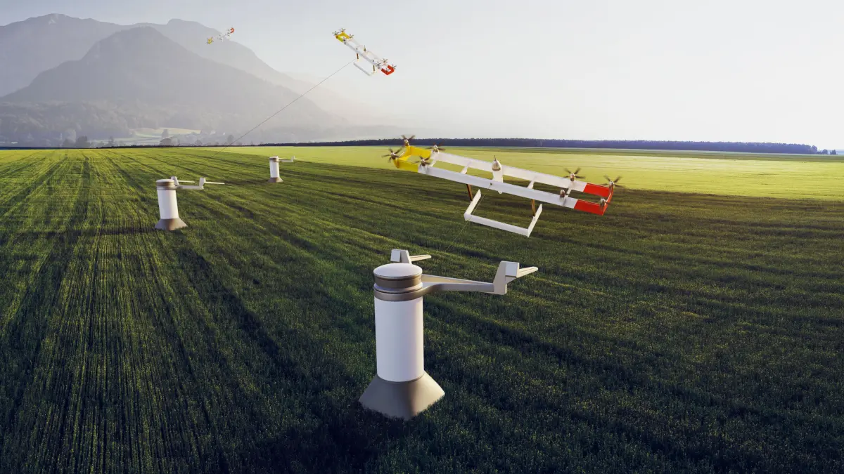 Eine Grafik eines fliegenden Windkraftrads der Firma Kitekraft. Mittlerweile sind die Stromerzeuger auch im Betrieb zu sehen.