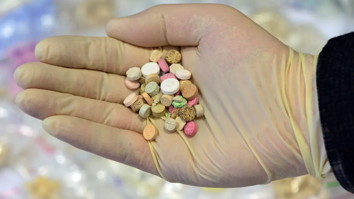 Ein Ermittler präsentiert am 26.08.2014 im Landeskriminalamt in Erfurt (Thüringen) sichergestellte Ecstasy-Tabletten. Seit 2008 steigt nach Angaben des Innenministeriums die Zahl der Konsumenten harter Drogen. Im vergangenen Jahr gab es im Freistaat 16 Drogentote. Foto: Martin Schutt/dpa +++(c) dpa - Bildfunk+++