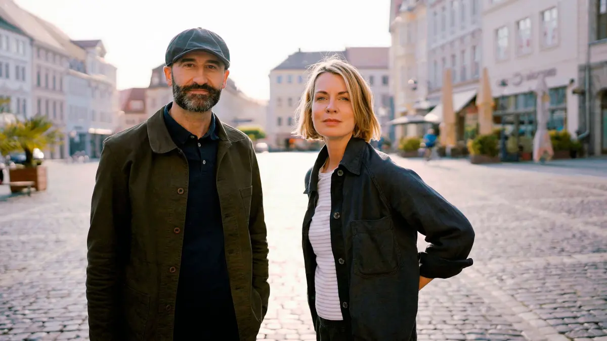 Jessy Wellmer mit Serdar Kaya, Geschäftsführer bei einem sächsischen Fallschirmhersteller, auf dem Marktplatz in Zittau.