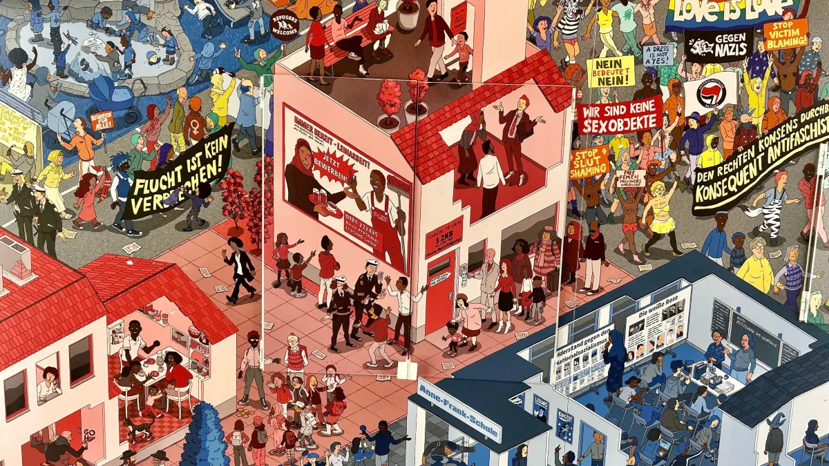 Das Wimmelbild zeigt eine Gesellschaft, in der viel gut läuft, aber auch Menschen diskriminiert werden. Klappt man auf, sieht man einen positiven Gegenentwurf.