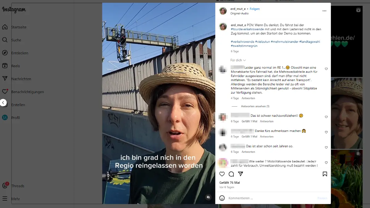 Grünen-Landtagskandidatin Erdmute Scheufele wollte mit dem Lastenfahrrad in den RE 1 einsteigen und wurde in Fürstenwalde abgewiesen. Darüber ärgerte sie sich auf Instagram.