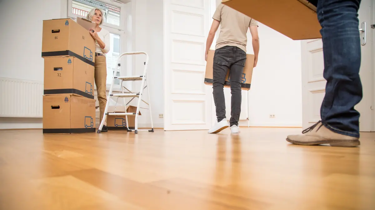 ILLUSTRATION - Ein junger Mann, eine ältere Frau und ein älterer Mann tragen Umzugskartons in eine Wohnung (gestellte Szene). (zu dpa: «Viele junge Erwachsene wohnen noch im Elternhaus») +++ dpa-Bildfunk +++