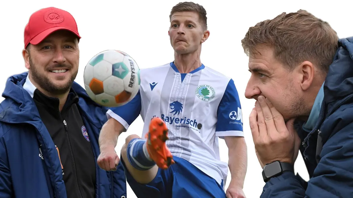 In der Gefühlswelt gefangen: Spielglück hatte Union Klosterfelde mit Trainer Kevin Hetzel (links), Pech in seinen Aktionen hatte der SV Germania Schöneiche mit Spieler Moritz Borchardt (Mitte) sowie Trainer Roland Mersetzky (rechts).