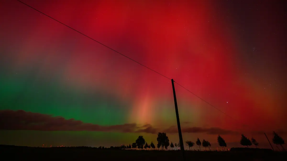 Polarlichter leuchten am Nachthimmel über der Landschaft im östlichen Brandenburg. +++ dpa-Bildfunk +++