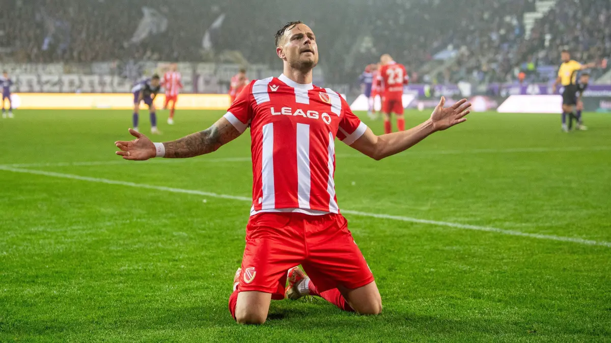 3. Liga Erzgebirge Aue - Energie Cottbus 2024/25: Fussball, Herren, Saison 2024/2025, 3. Liga (11. Spieltag), FC Erzgebirge Aue - FC Energie Cottbus, Timmy Thiele (Energie Cottbus), Jubel nach Tor zum 1:3, 22.10. 2024, Foto: Sebastian Räppold / Matthias Koch