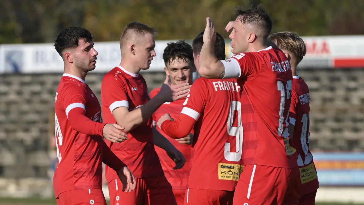 Fussball : Frankfurt an der Oder, Stadion, Fussball Brandenburgliga Punktspiel, 1. FC Frankfurt - Fortuna Babelsberg, Cedric Cawi l. weiter können sich über den ersten Ausgleich die Frankfurter freuen, dabei Gordon Duran, Dawin Mathow, Danny Mank, Robin Grothe, Torschütze John Lukas Sauer und Jakub Mizerski v.l.
FOTO BENK 26.10.2024
