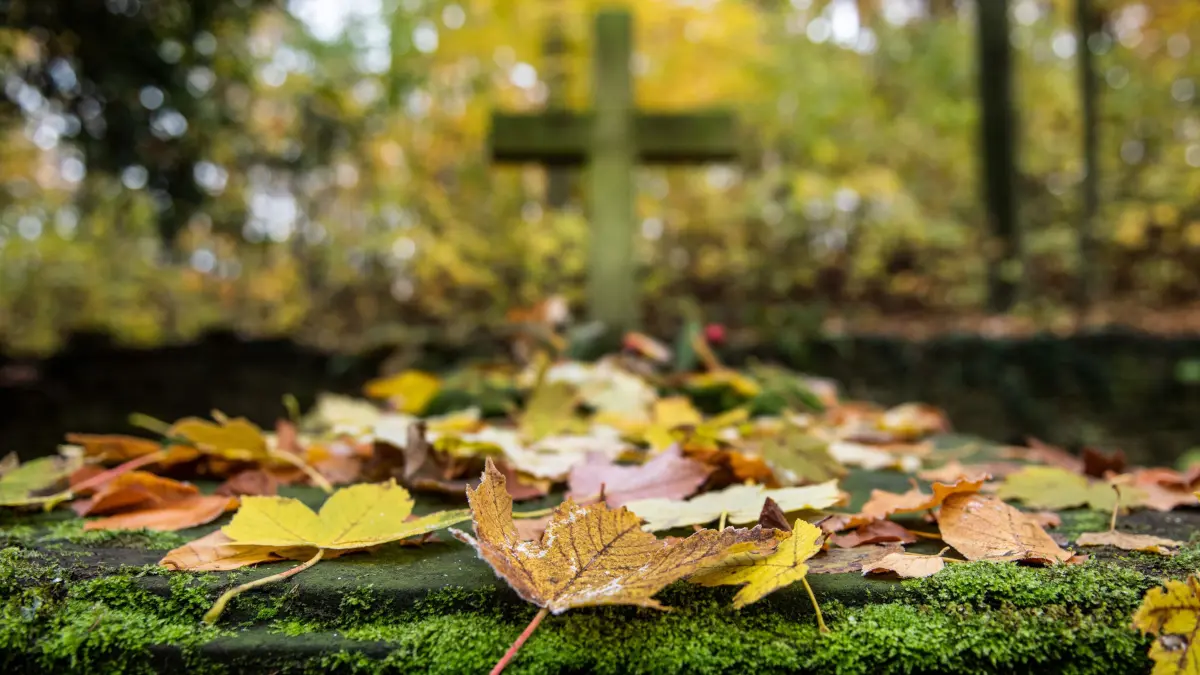 Herbstlaub liegt auf einer alten Grabplatte. +++ dpa-Bildfunk +++