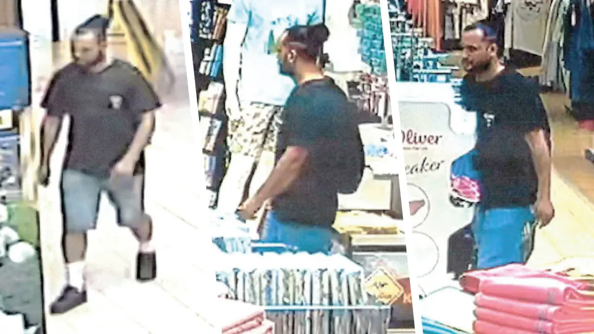 Fahndungsfotos aus dem Marktkauf Eisenhüttenstadt vom 28. Juni 2024. Dort soll der gezeigte Mann nach einem Diebstahl gewalttätig geworden sein und einen Menschen verletzt haben.