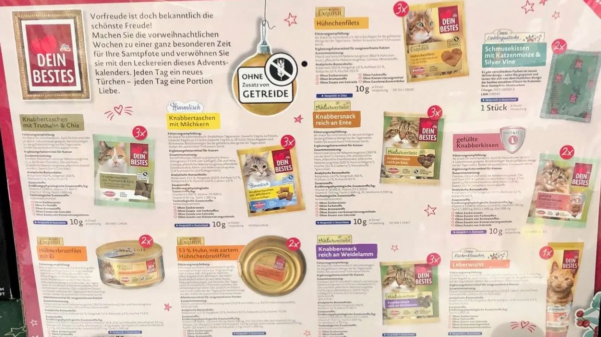 Beispiel, welche Leckereien für Katzen in einem Adventskalender stecken.