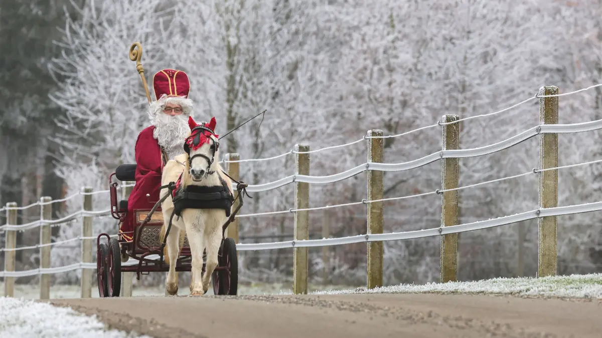 Ein als Nikolaus verkleideter Mann ist mit einer von einem Pony gezogenen Kutsche auf dem Weg zur einer Adventsfeier. +++ dpa-Bildfunk +++