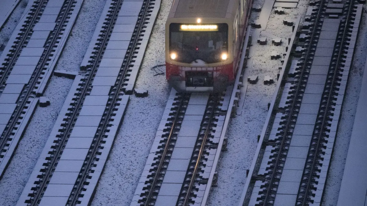 Schnee in Berlin: 09.01.2025, Berlin: Eine S-Bahn fährt bei Schneefall. Foto: Sebastian Gollnow/dpa +++ dpa-Bildfunk +++