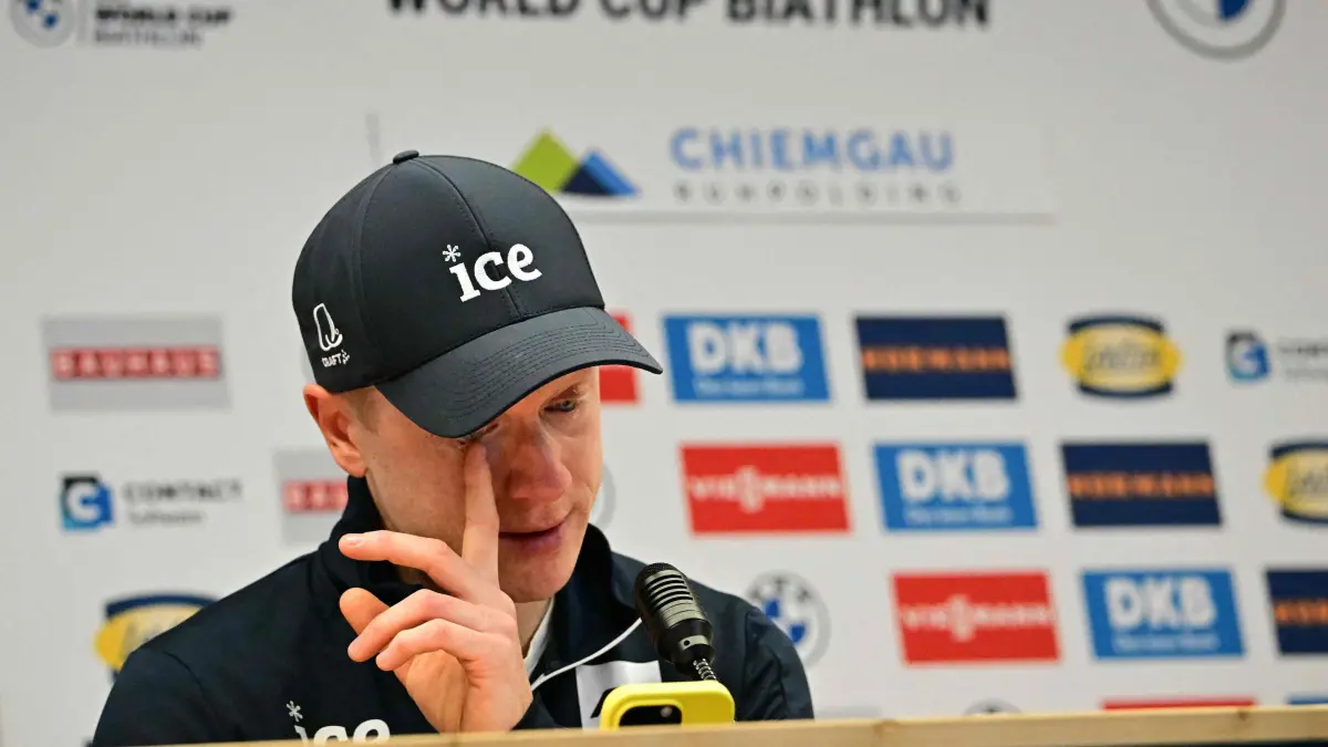 Norway's Johannes Thingnes Bo gives a press conference during the IBU Biathlon World Cup in Ruhpolding, southern Germany on January 18, 2025. Johannes Thingnes Boe announced to finish his career at the end of the season. (Photo by Tobias SCHWARZ / AFP)