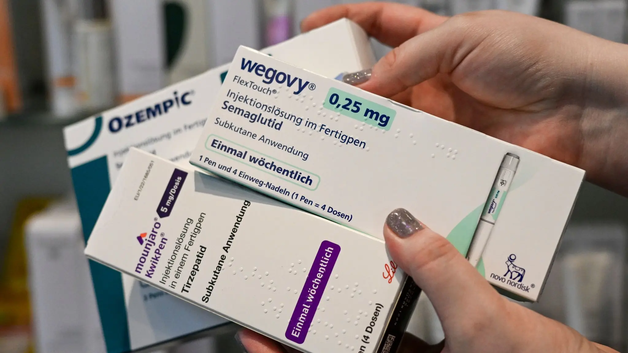 Mounjaro Price 2025 Spraying of the brands Wegovy, Ozempic and Mounjaro are sold in a pharmacy.