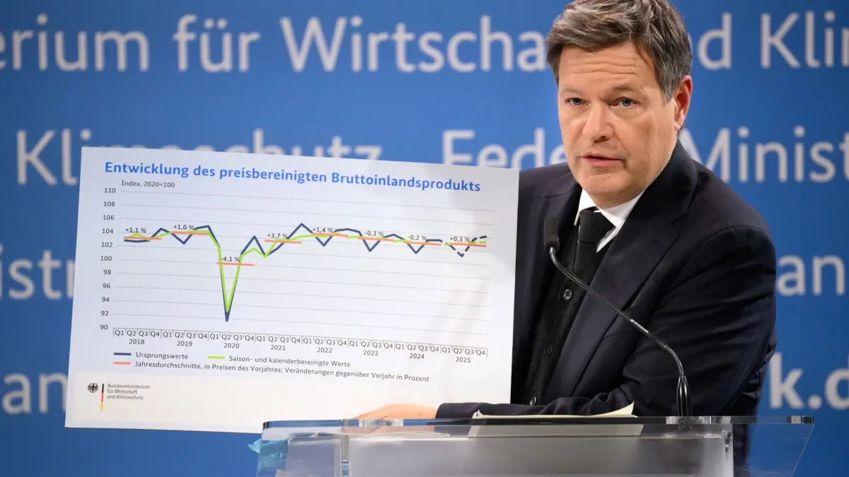 Vorstellung des Jahreswirtschaftsberichts 2025: 29.01.2025, Berlin: Robert Habeck (Bündnis 90/Die Grünen), Bundesminister für Wirtschaft und Klimaschutz, stellt bei einer Pressekonferenz im Bundesministerium für Wirtschaft und Klimaschutz den Jahreswirtschaftsbericht 2025 vor. Der Bericht enthält neben der Jahresprojektion zentrale wirtschafts- und finanzpolitische Themenschwerpunkte der Bundesregierung. Foto: Bernd von Jutrczenka/dpa +++ dpa-Bildfunk +++