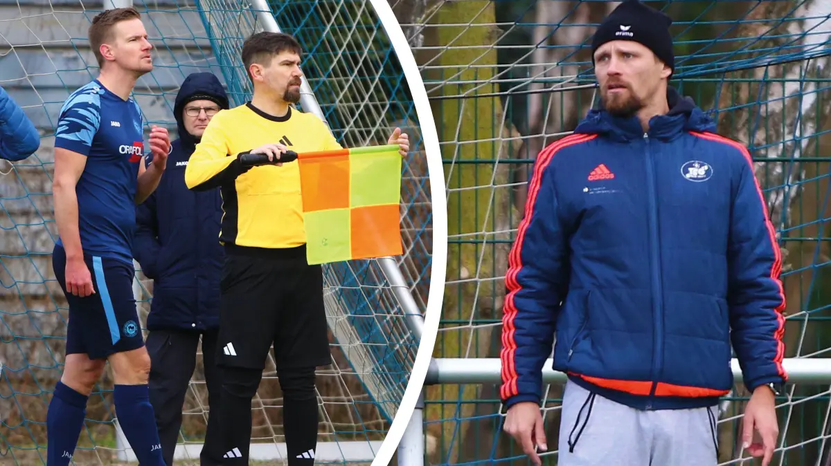 Einwechslung von Jerome Malanowski: Trainer Thomas Franke von der TSG Neustrelitz (rechts) traute seinen Augen kaum, als der Oranienburger FC Eintracht einen sehr gut bekannten Kicker aufs Feld schickte - nicht ohne Hintergrund.