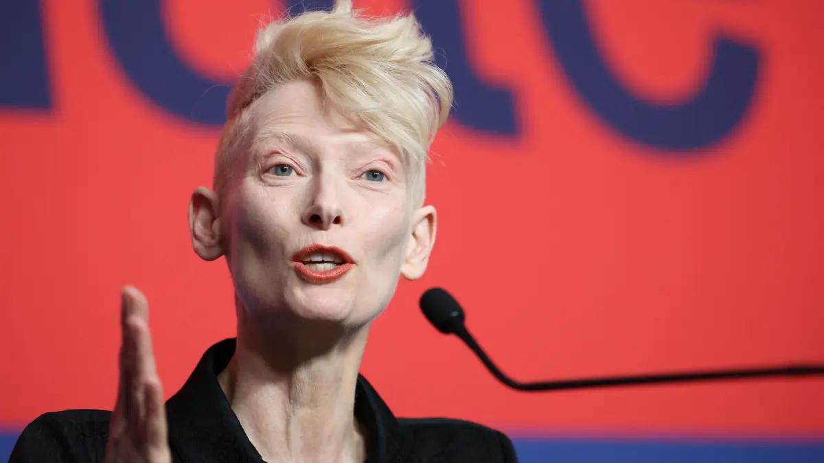 776282620: Scottish actress Tilda Swinton attends a press conference for the Honorary Golden Bear award at the 75th Berlinale, Europe's first major film festival of the year, in Berlin on February 14, 2025. (Photo by Ronny HARTMANN / AFP)
