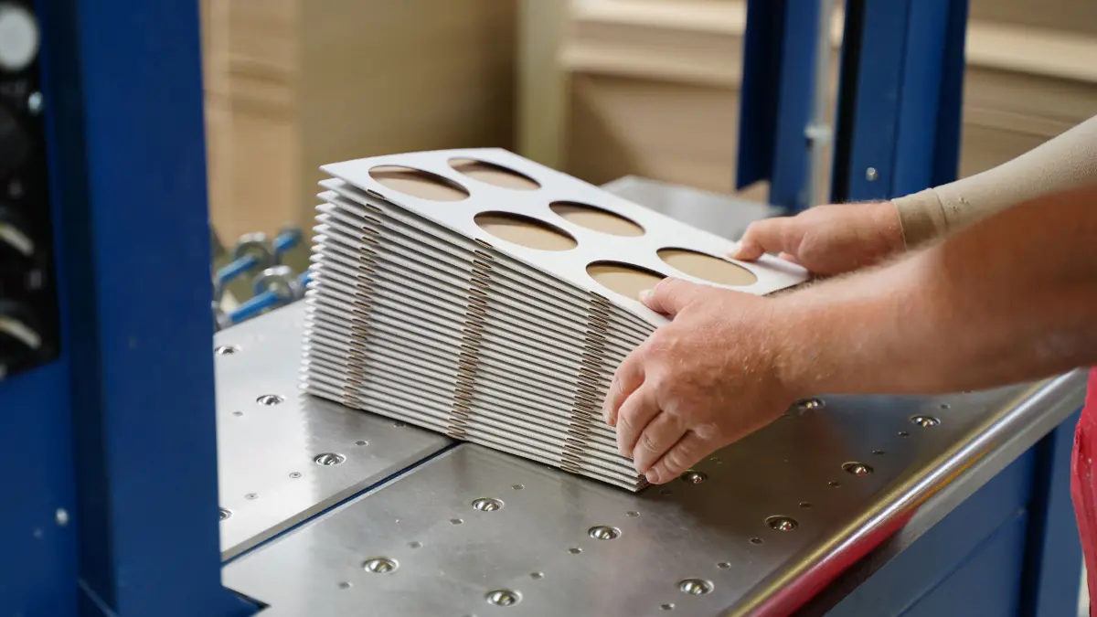 Thimm produziert in Eberswalde Verpackungen. An einer Faltschachtelklebemaschine werden Verpackungszuschnitte gefaltet und verklebt, hauptsächlich für den Online- Versandhandel.