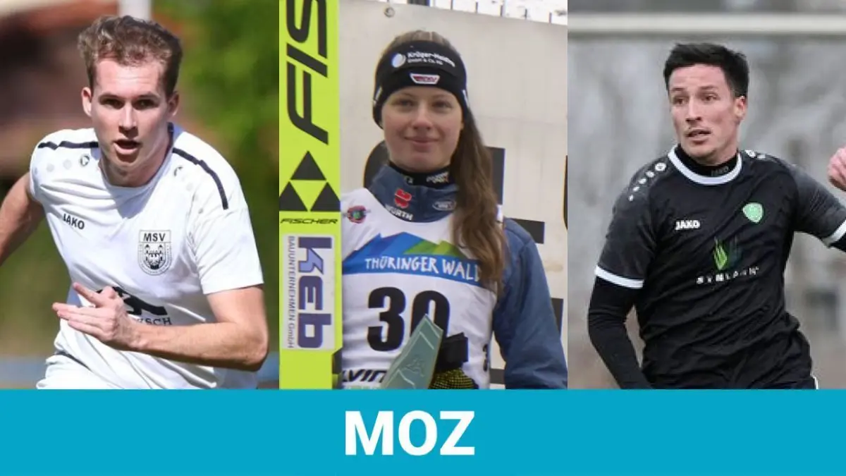Wer wird MOZ-Sportler / MOZ-Sportlerin der Woche? Zur Wahl stehen dieses Mal Fußballer Alec Kögler (links), Skispringerin Alvine Holz und Fußballer Florian Schulte.