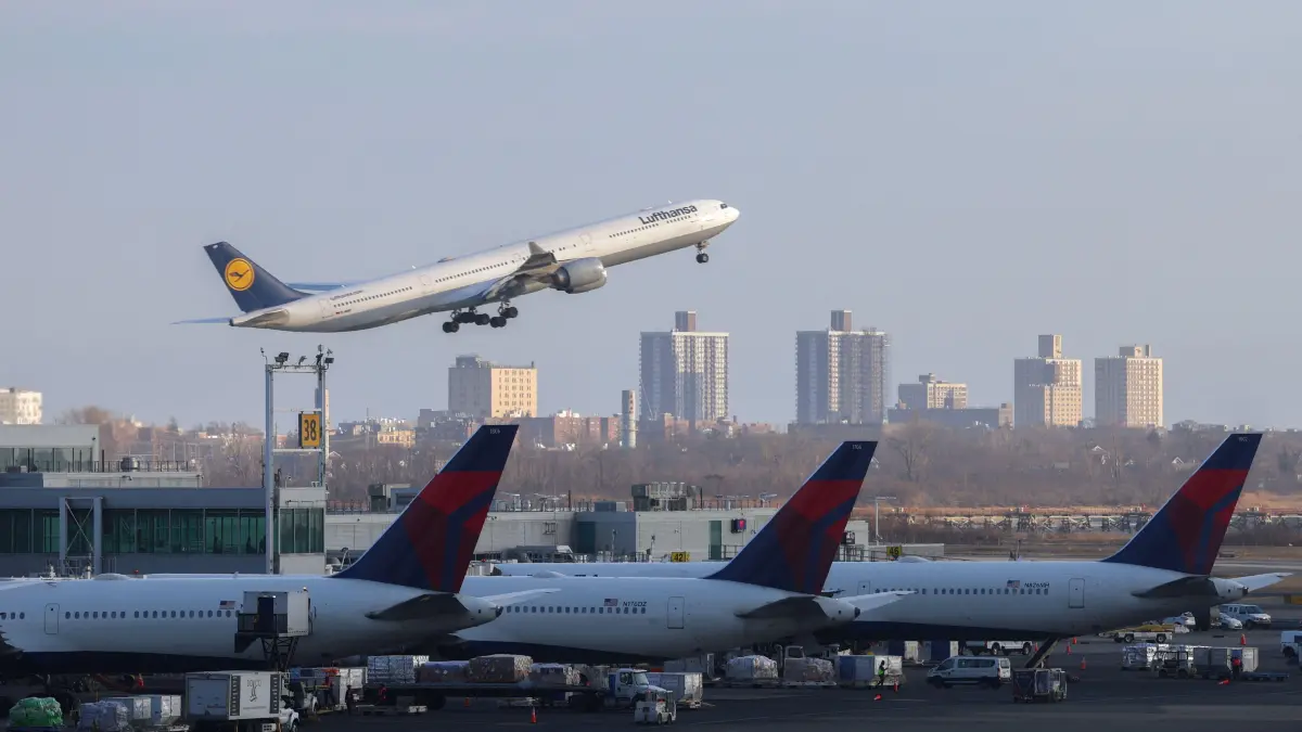 An Airbus A340-600 of Lufthansa Airlines passenger aircraft takes off from John F. Kennedy International Airport in New York City on March 4, 2025. (Photo by CHARLY TRIBALLEAU / AFP)