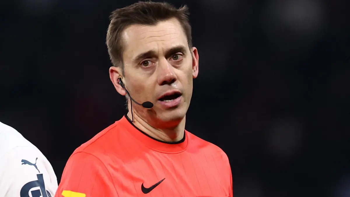 French referee Clement Turpin reacts during the French L1 football match between Paris Saint-Germain (PSG) and Olympique de Marseille (OM) at the Parc des Princes Stadium in Paris, on March 16, 2025. (Photo by Franck FIFE / AFP)