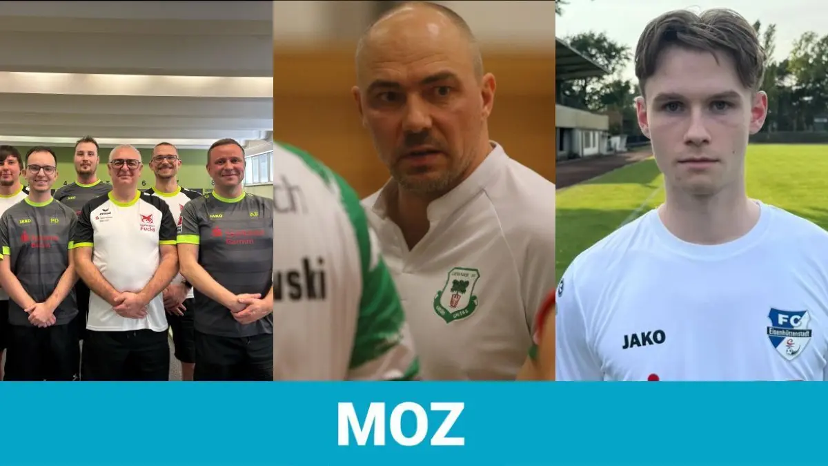 Wer wird MOZ-Sportler der Woche? Kandidaten sind die Kegler der Spielgemeinschaft Eberswalde, Volleyball-Trainer Karoly Abel vom SV Lindow-Gransee und Fußballer Benjamin Birkhold (von links) vom FC Eisenhüttenstadt.