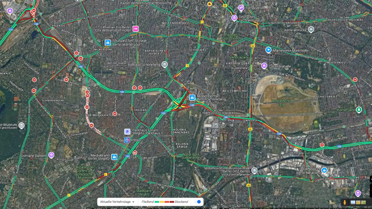 Screenshot Google Maps Verkehr in Berlin rund um die Stadtautobahn