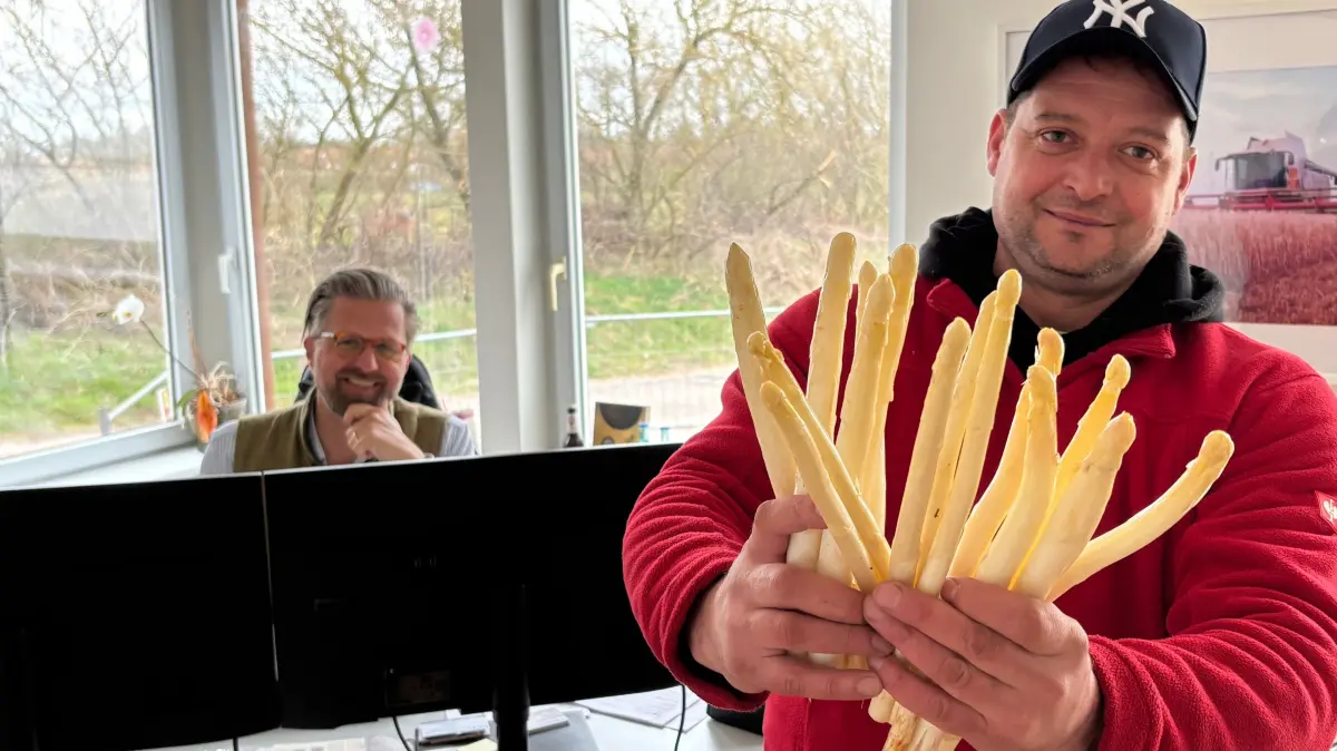 Spargelhof Kremmen - der erste Spargel der Saison 2025 ist bereits geerntet. Christi Tamase präsentiert die ersten Stangen im Büro von Spargelbauer Malte Voigts. Der Rumäne kommt bereits seit sieben Jahren zur Erntesaison nach Kremmen.