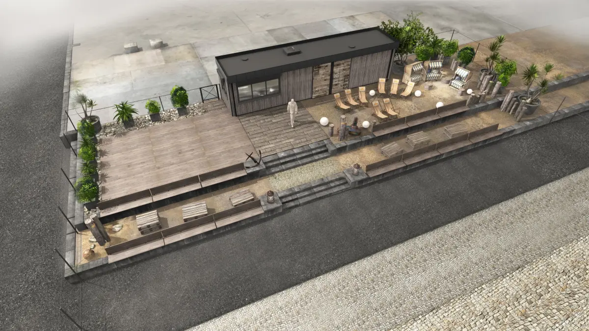 Oranienburg, TKO und Leo-Gruppe (ehemals Holding) stellen neues Projekt vor, das im Sommer 2025 eröffnen soll: „Sommergarten & Lounge am Schlosshafen“, eine Bar im Pavillon am Hafen, Visualisierungen im Auftrag der TKO von Atelier Jürgen Schmidt-André Berlin (JSA) erstellt