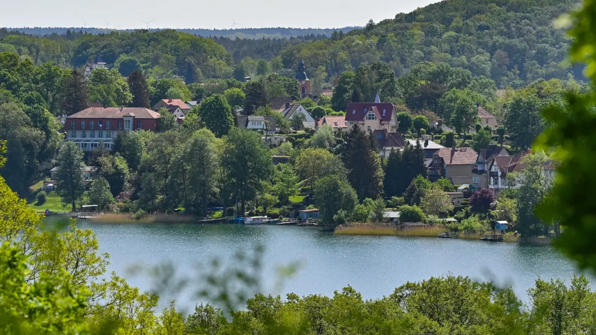 Blick über den Schermützelsee auf den Ort Buckow im Naturpark Märkische Schweiz.