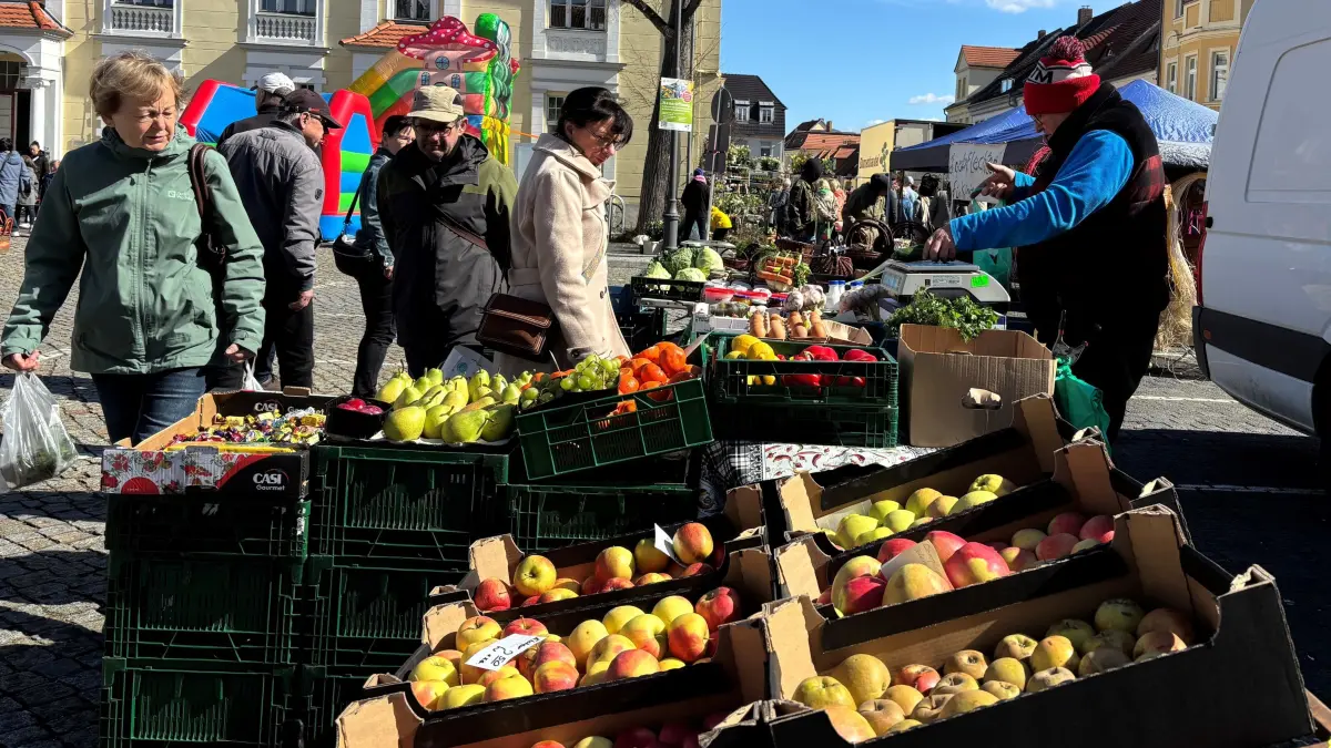 Eisenhüttenstadt 2025-04-05: Erster Wochenmarkt der Deutschen Marktgilde vor dem Alten Rathaus im Ortsteil Fürstenberg/Oder