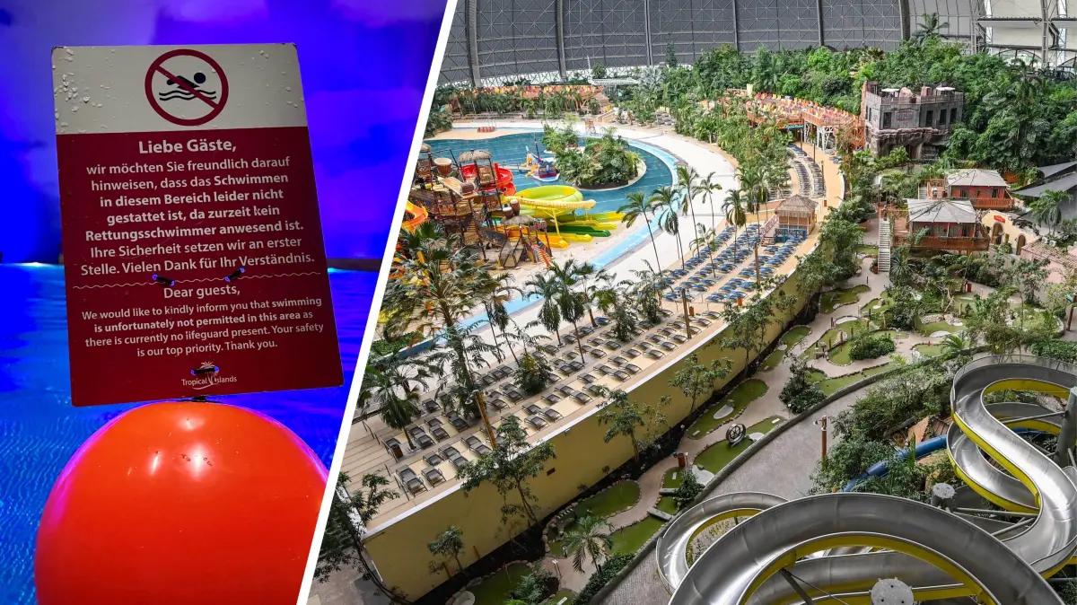 Teil-Schließungen im Tropical Islands wegen Personalmangel: Mit an Bojen befestigten Schildern wird auf fehlende Rettungsschwimmer verwiesen. Dann sind mal kleinere und mal größere Bereiche der Badelandschaft gesperrt.