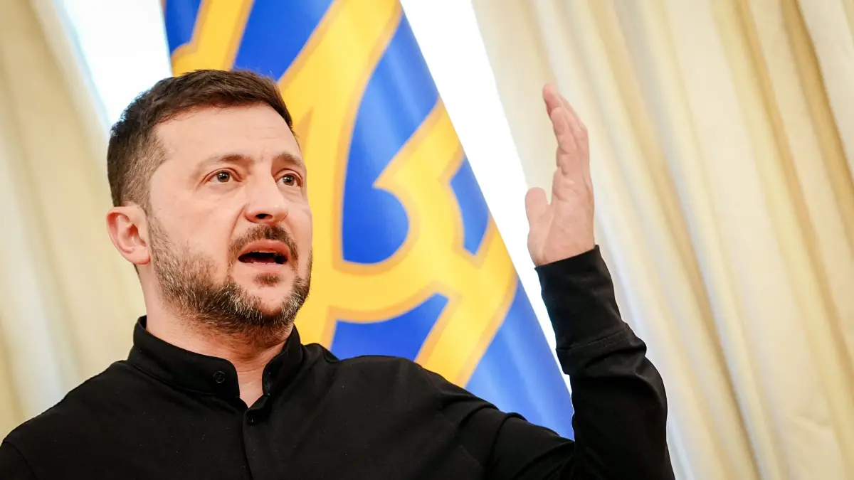 Wolodymyr Selenskyj, Präsident der Ukraine, gibt nach einem Gespräch mit dem deutschen Verteidigungsminister eine Pressekonferenz. (Symbolbild)