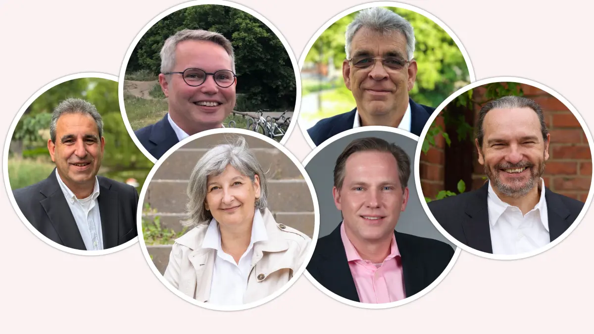 Bürgermeisterwahl in Glienicke: fünf Männer und eine Frau wolle die Verwaltung im Rathaus von Glienicke führen: (obere Reihe v.l.n.r.) Arno Stugeweit (CDU), Uwe Klein (SPD),Michael Breier (Einzelbewerber), Lydia Neilson (B90/Grüne), André Spannemann (AfD) und Mario Eberhardt (Einzelbewerber).