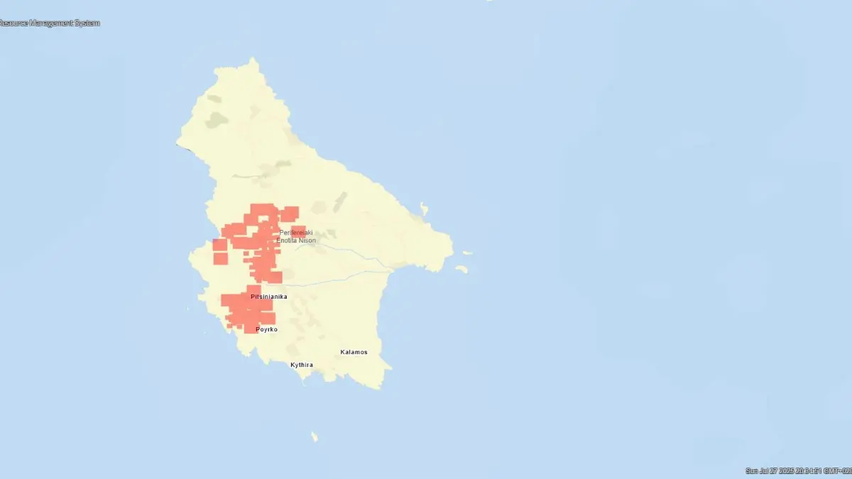 Waldbrände in Griechenland; Kythira Übersichtskarte 27.07.2025
