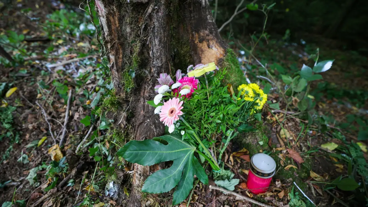 Nach dem schweren Autounfall mit vier jungen Todesopfern: 17.08.2025, Nordrhein-Westfalen, Kürten: Blumen und eine Kerze stehen an der Unfallstelle an einem Baum. Bei einem schweren Autounfall sind am 16.08.2025 zwei Jugendliche und zwei junge Erwachsene ums Leben gekommen. Foto: Christoph Reichwein/dpa +++ dpa-Bildfunk +++