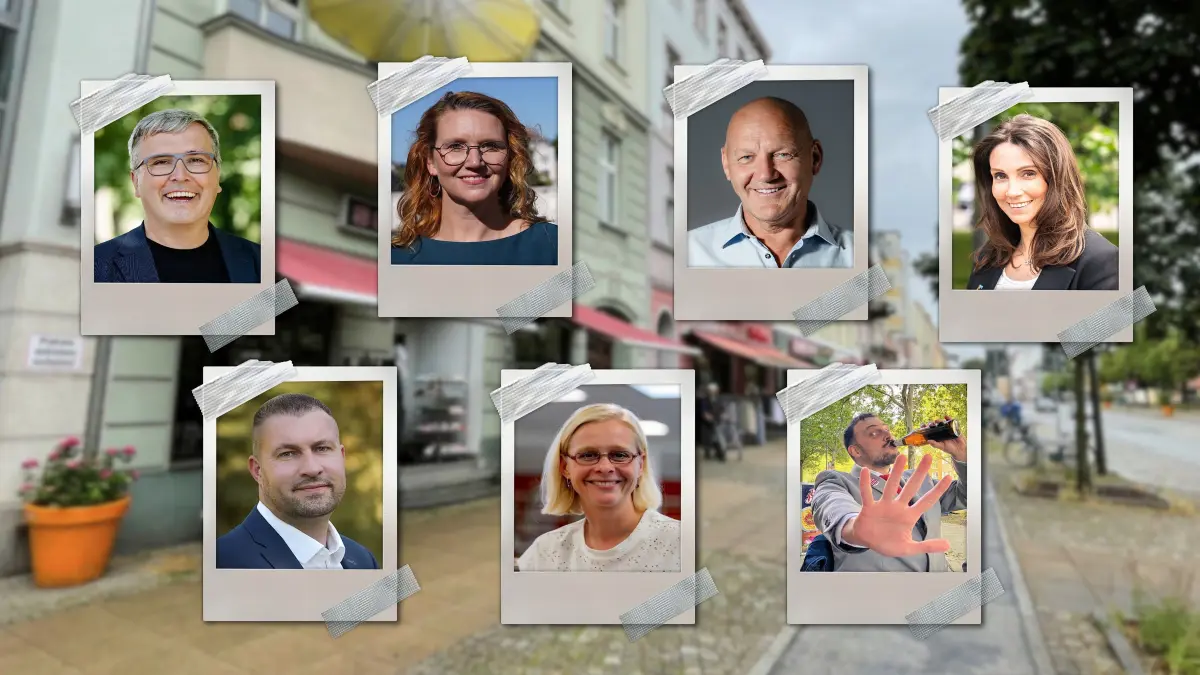 Bürgermeisterwahl 2025 in Oranienburg, Wahl am 28. September. Collage von Marco Winkler. Kandidaten mit Fotonachweis: Alexander Laesicke (Foto: Steffi Rose), Anja Waschkau (Foto: Daniel Friese), Heiko Zillmann (Foto: Mountain Lights UG), Jennifer Collin-Feeder (Foto: Martin Werder), Rick Grothe (Foto: Rick Grothe), Sascha Mielke (Foto: Sascha Mielke), Stefanie Rose (Foto: Andrea Johlige)
