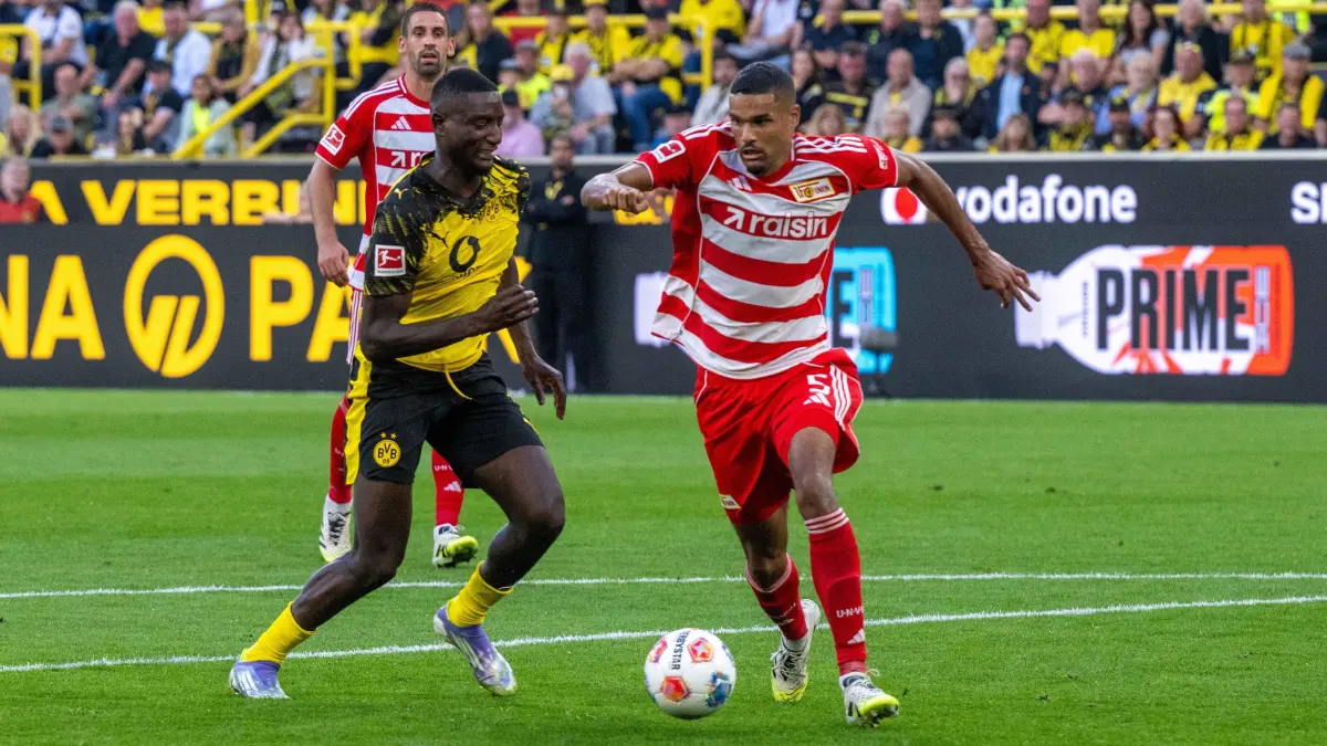 1.BL Dortmund - 1. FC Union 2025/26: Fußball, Herren, 1. Bundesliga, Saison 2025/2026, (2. Spieltag), Borussia Dortmund - 1. FC Union Berlin, v. l. Serhou Guirassy (Dortmund), Danilho Doekhi (1. FC Union Berlin), 31.08. 2025, Foto: Matthias Koch