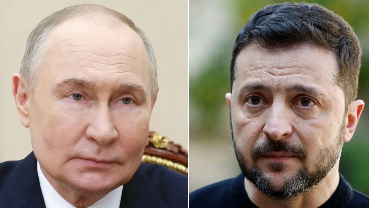 ARCHIV - 02.06.2025, Russland, Moskau: KOMBO- Die Bildkombo zeigt den russische Präsident Wladimir Putin (l) bei einer Videoansprache zum 70. Jahrestag des Weltraumbahnhofs Baikonur am 02.06.2025 und den ukrainische Präsident Wolodymyr Selenskyj (r) an der Residenz des britischen Botschafters nach einem Treffen mit europäischen Staats- und Regierungschefs am 27.03.2025. (zu dpa: «Putin: Selenskyj kann zum Treffen nach Moskau kommen») Foto: Gavriil Grigorov/Pool Sputnik Kremlin via AP/Stephanie Lecocq/Pool Reuters/dpa/dpa +++ dpa-Bildfunk +++
