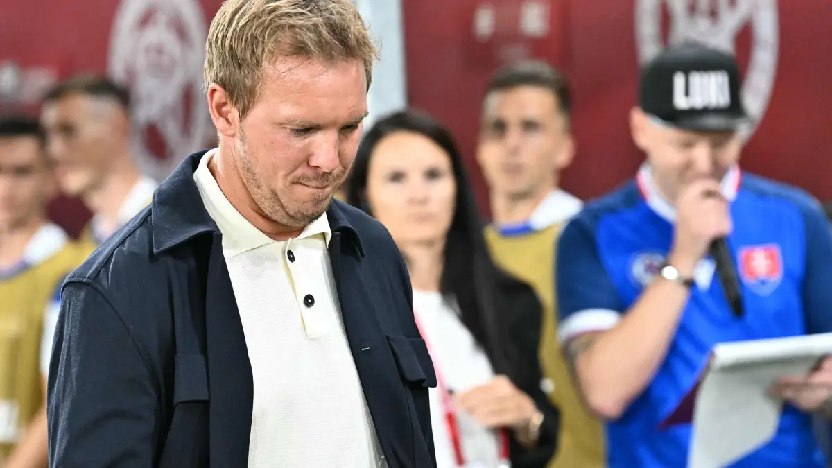 Germany's coach Julian Nagelsmann reacts during the 2026 World Cup qualifiers Europe zone group A first round football match between Slovakia and Germany, on September 4, 2025 in Bratislava. (Photo by Joe Klamar / AFP)