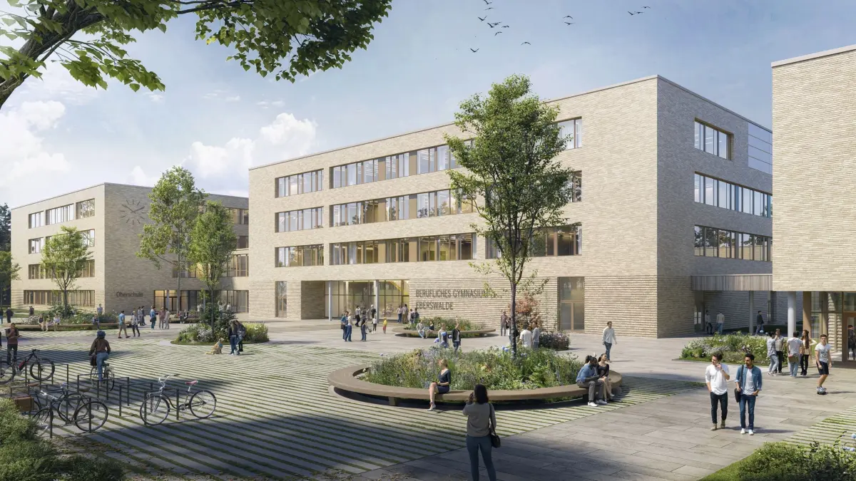 Blick in die Zukunft von Eberswalde: So soll der Schulcampus an der Eberswalder Straße 106 bis 108 nach seiner Fertigstellung aussehen. Noch aber haben nicht einmal die Bauarbeiten begonnen.
