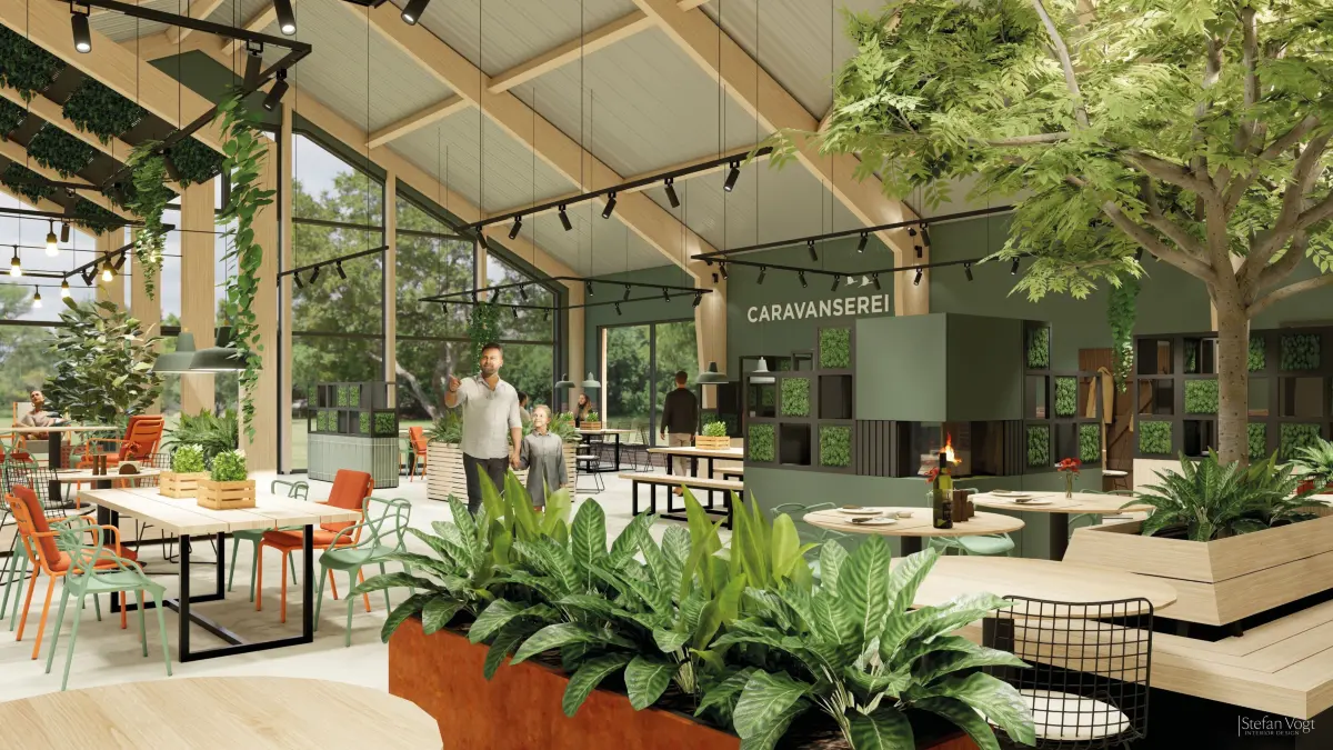Das neue Restaurant Caravanserei in Schmachtenhagen Oranienburg auf dem Resort-Gelände vom Bauernmarkt, Eröffnung ist am 2. Oktober 2025, Visualisierung