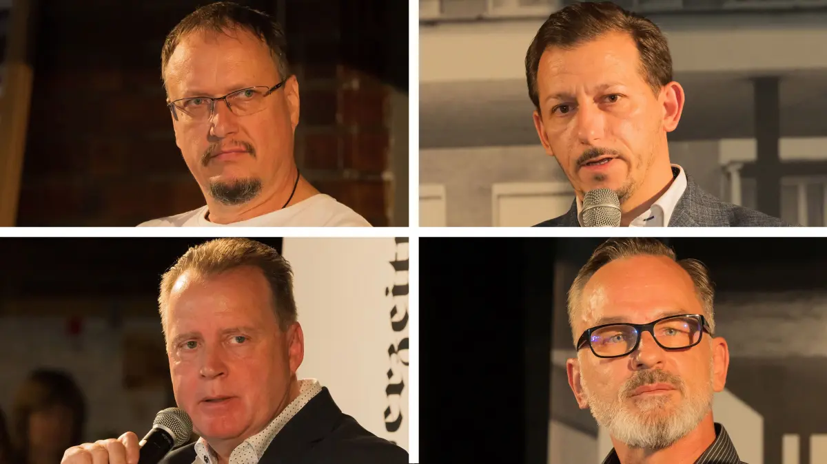 Jens Vowie (parteilos, o.l.), Christian Friedrich (CDU, o.r.) Marko Henkel (parteilos für SPD, u.l.) sowie Maik Diepold (AfD, u.r.) wollen Bürgermeister in Eisenhüttenstadt werden.