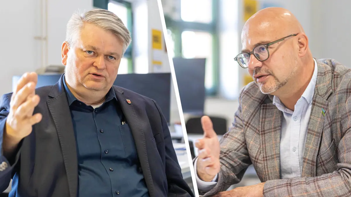 Wilko Möller (AfD/l.) und Axel Strasser (parteilos/r.) treffen am 12.10. in der OB-Stichwahl in Frankfurt (Oder) aufeinander.