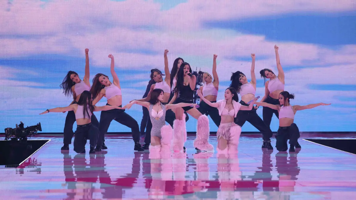 South Korean girl group Twice performs during the Victoria's Secret Fashion Show in New York on October 15, 2025. (Photo by ANGELA WEISS / AFP)