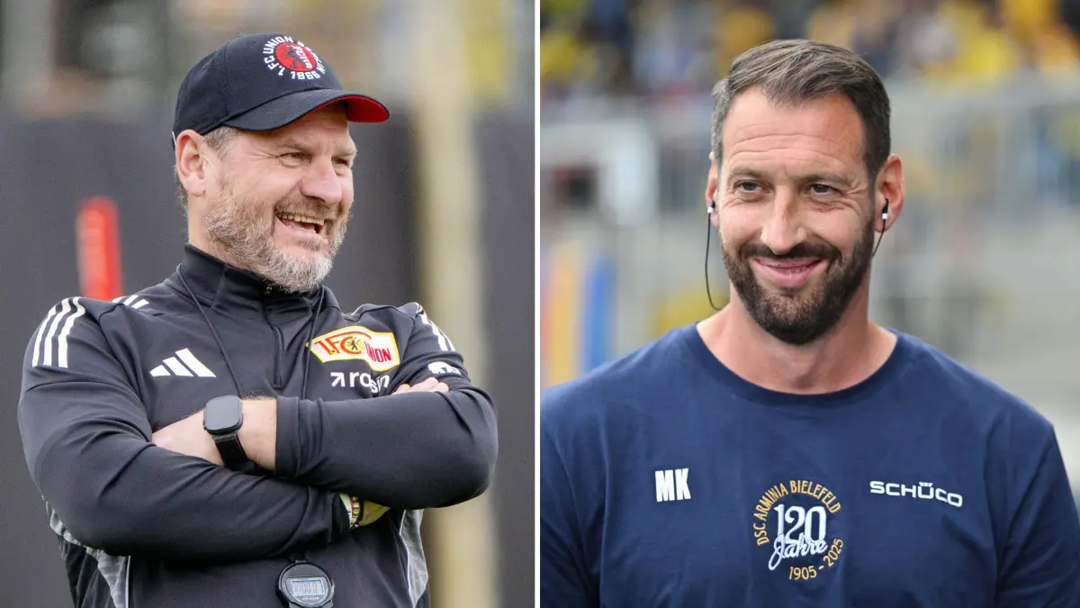Die beiden Trainer Steffen Baumgart (links) von Union Berlin und Bielefelds Mitch Kniat verbindet ein freundschaftliches Verhältnis.