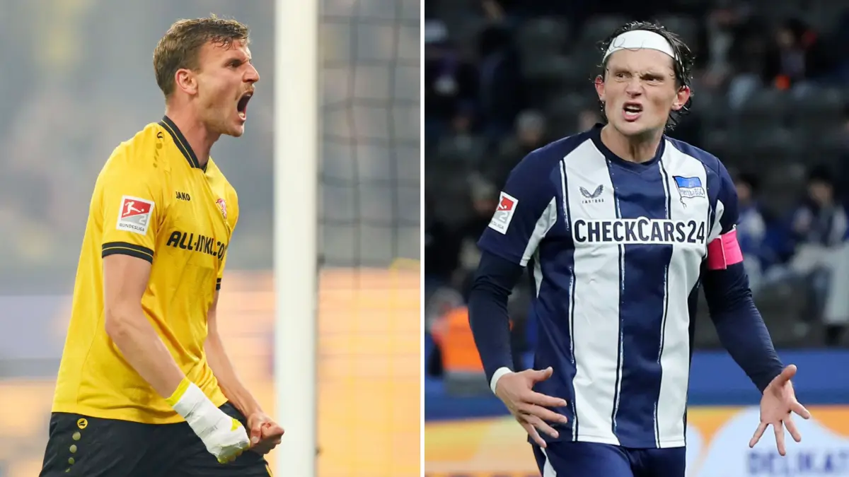Torjäger Christoph Daferner (links) von Dynamo Dresden und Hertha-Kapitän Fabian Reese sind Schlüsselspieler ihrer Teams im Ostkracher