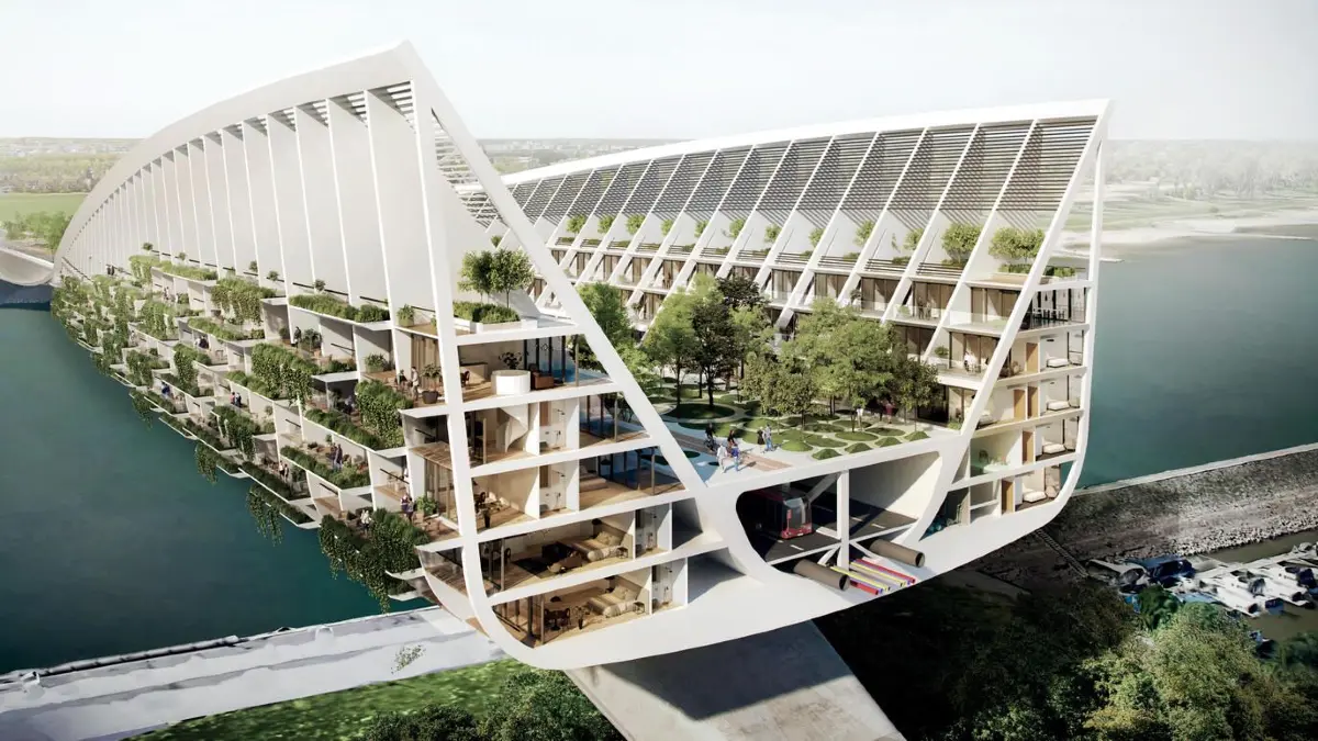 Aus einer Brücke für Autos wird ein Begegnungsort. Auf dem Bild ist ein Querschnitt durch die „Green Bridge Düsseldorf" zu sehen, die das Architekturbüro RKW Architektur + der Stadt Düsseldorf vorschlug. Die Brücke sollte die marode Theodor-Heuss-Brücke ersetzen.