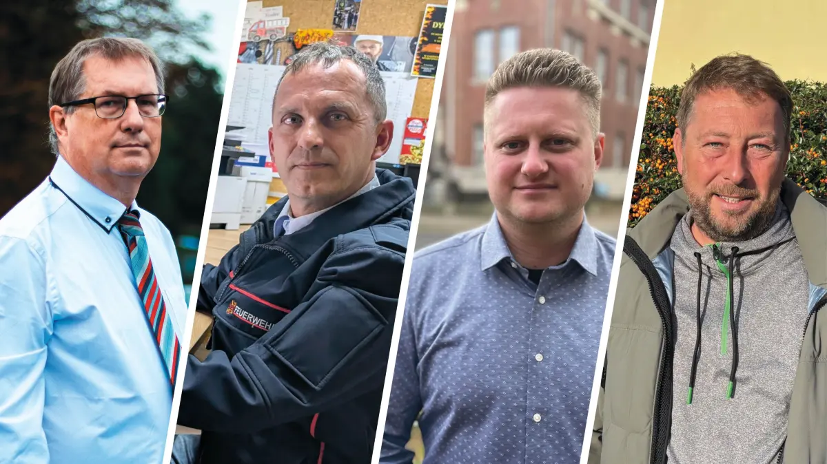 Diese vier Männer wollen Bürgermeister von Rüdersdorf werden: Guido Dubielzig (parteilos; für AfD) sowie die Einzelbewerber Manuel Przybylski, Nico Nolte und Tino Pabel (von links).