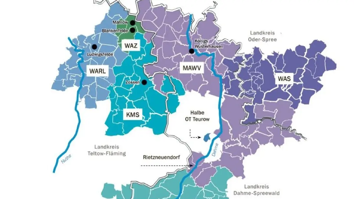 Das Gebiet des Märkischer Abwasser- und Wasserzweckverband (MAWV) innerhalb des Betriebsführungsgebiets der Dahme-Nuthe Wasser, Abwasserbetriebsgesellschaft (DNWAB).